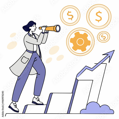 A business woman looks ahead to economic growth and financial success in illustration