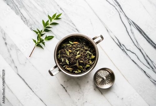A metal strainer filled with green tea leaves on a marble surface.