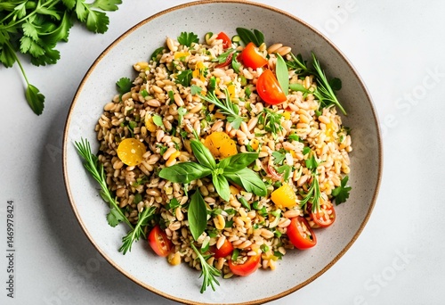 A bowl of farro salad with tomatoes and basil.