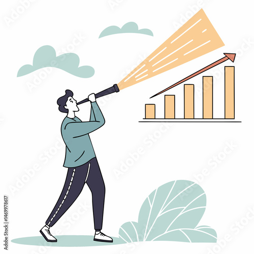 Business visionary observing growth trends through telescopic outlook and charting success