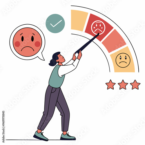 Customer satisfaction level depicted by a woman adjusting a feedback meter