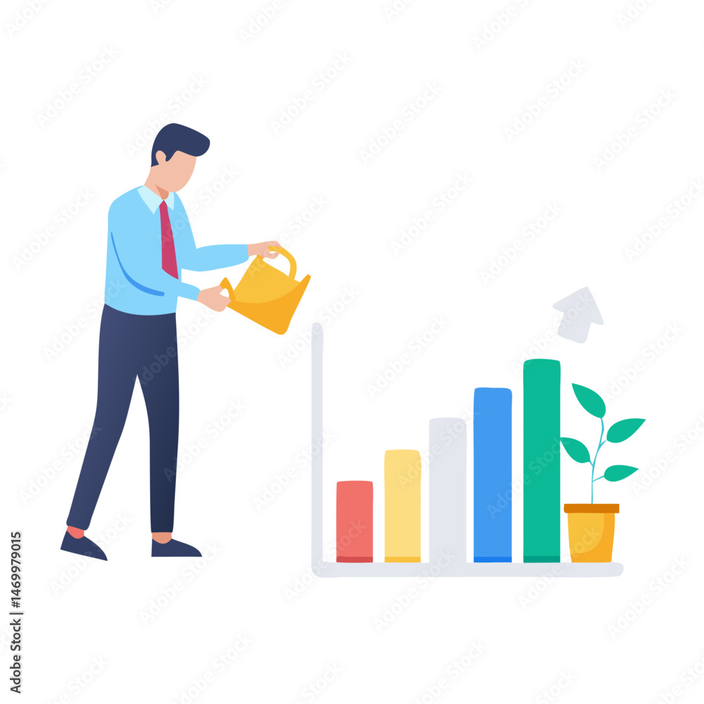 Business growth and investment concept with a man watering a growing bar chart Business growth and investment concept with a man watering a growing bar chart