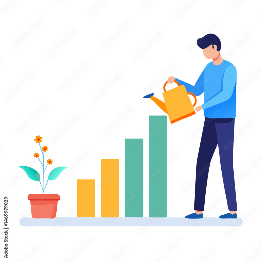 Illustration of business growth and investment with a watering can and rising bars Illustration of business growth and investment with a watering can and rising bars