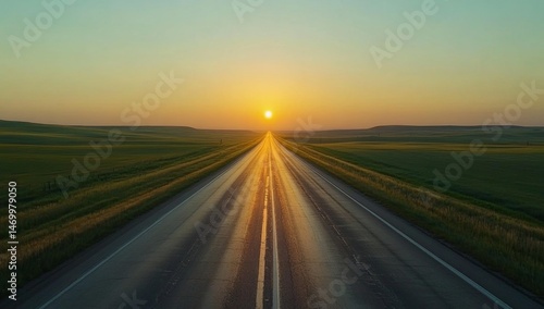 Empty road stretching to a golden sunrise over green fields