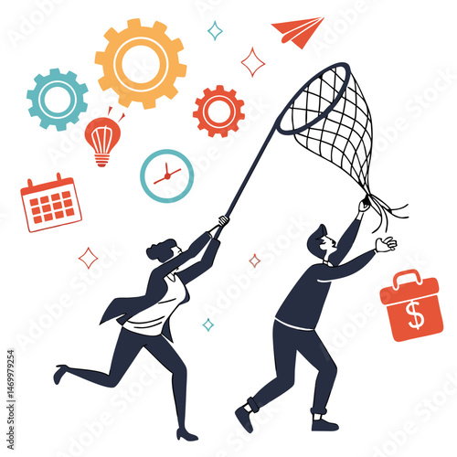 Business team striving to capture financial success conceptual illustration with gears