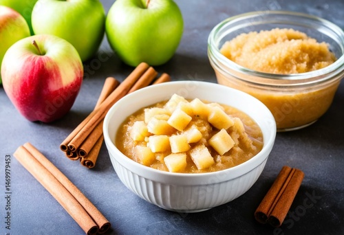 A bowl of apple crisp with cinnamon sticks on a plate.