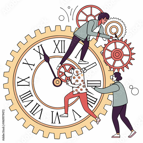 Teamwork on time management people working together with clock mechanism concept
