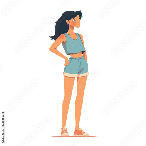 Cartoon Style Full Body Illustration Of A Young Woman In Casual Outfit Posing Confidently Looking Aside