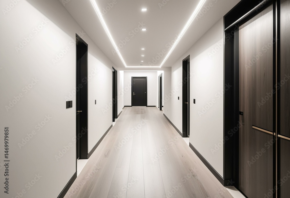Fototapeta premium A long hallway with black doors and white walls.