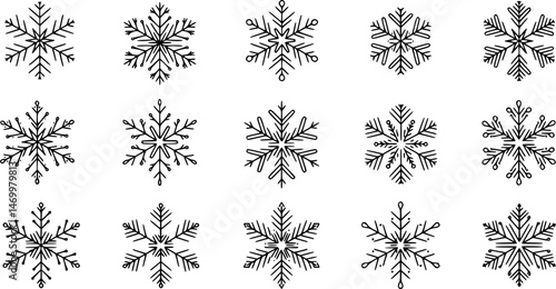 Snowflake simple black line icons snow vector set
