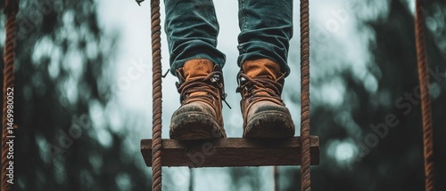 Closeup of work boots on a rustic metal ladder.