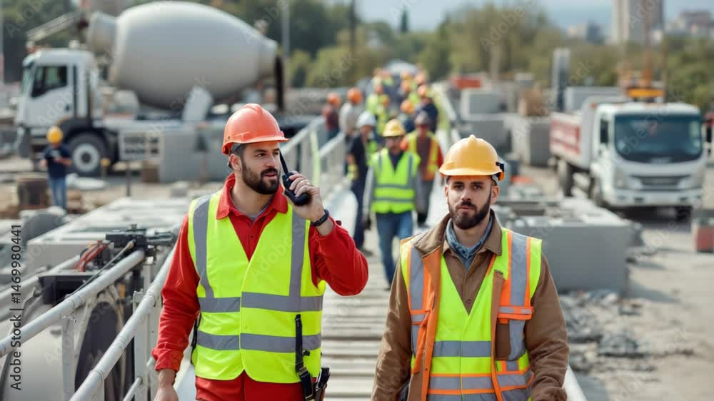 Construction workers in safety vests and helmets walking on busy industrial site. Concept of teamwork and field coordination Construction workers in safety vests and helmets walking on busy industrial site. Concept of teamwork and field coordination