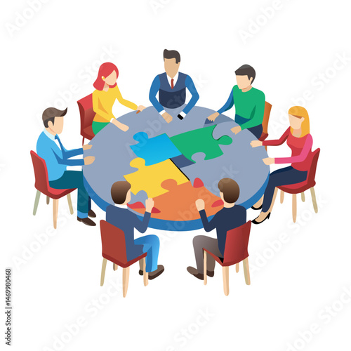 Team collaboration assembled puzzle pieces meeting and strategic solutions