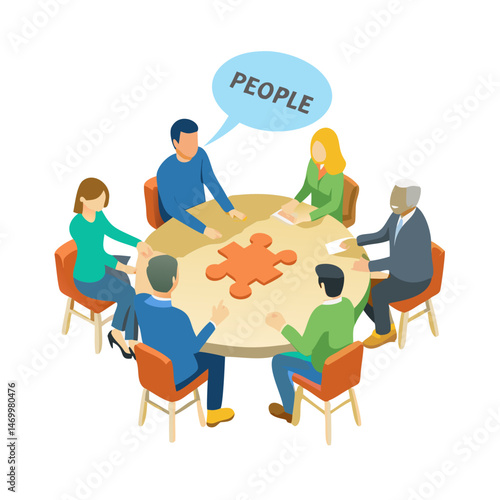 Teamwork and collaboration people discussing a puzzle solution isometric illustration
