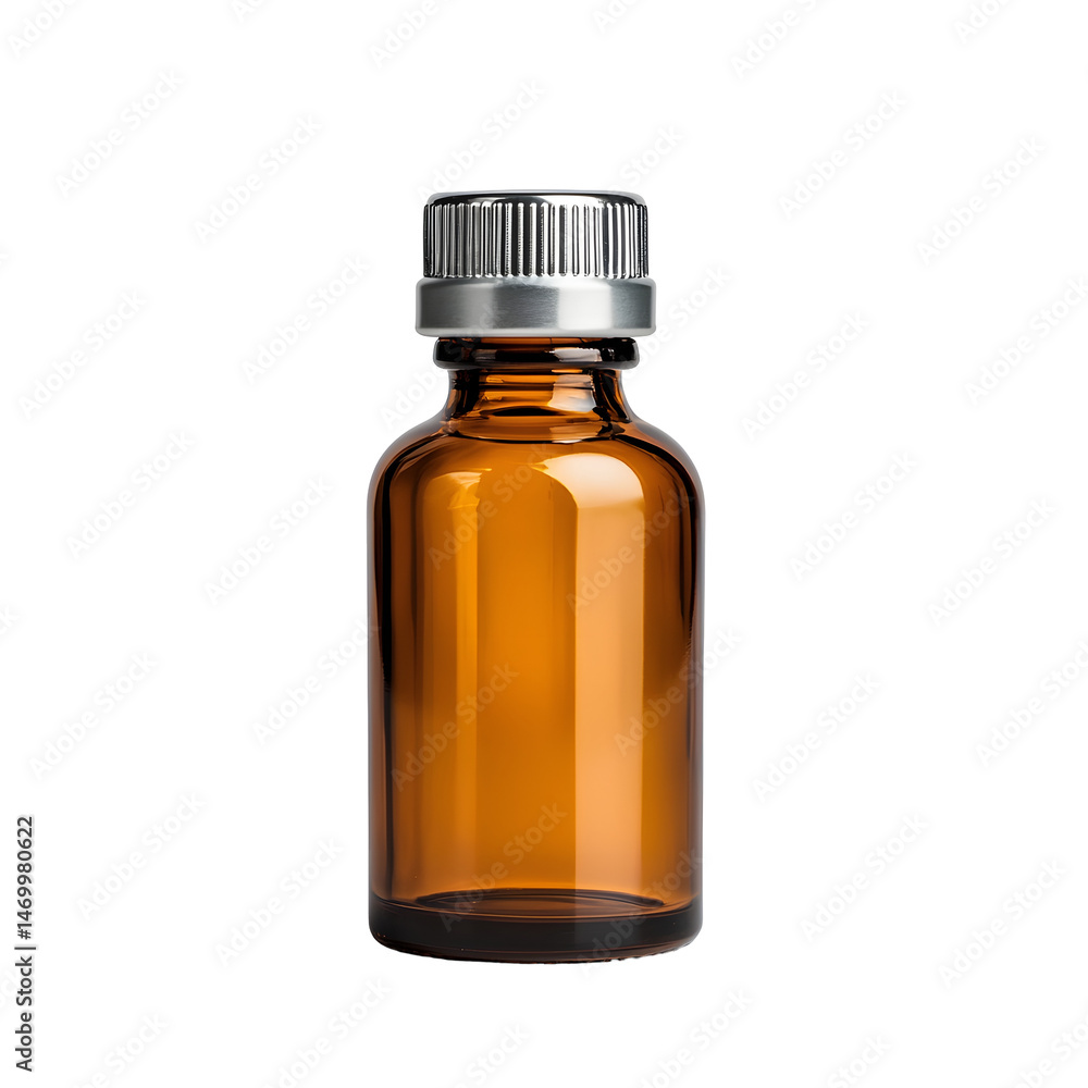 A photograph of an empty amber glass bottle with a metallic screw cap providing ample label space for branding and packaging design mockups isolated on a clean white background A photograph of an empty amber glass bottle with a metallic screw cap providing ample label space for branding and packaging design mockups isolated on a clean white background