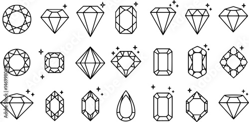 Diamond gem jewel gemstone line icon vector set
