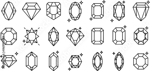 Diamond gem jewel gemstone line icon vector set
