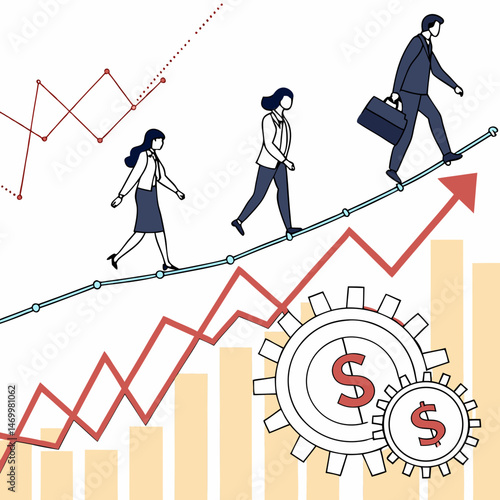 Business people walking on a tightrope above financial growth illustrations
