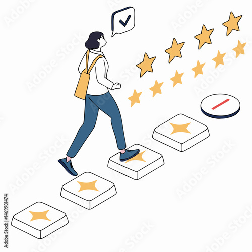 Achieving success a person walking up stairs earning great customer reviews and ratings