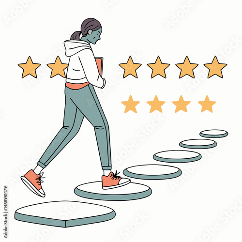 Woman climbing steps towards five star ratings customer satisfaction concept