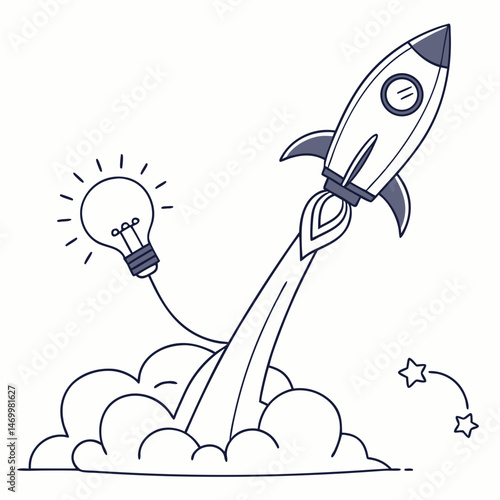 Creative idea launch rocket ship with light bulb and innovation concept