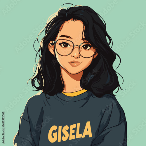 Cartoon Style Portrait Illustration Of A Girl With Glasses And Black Hair On Light Green Background