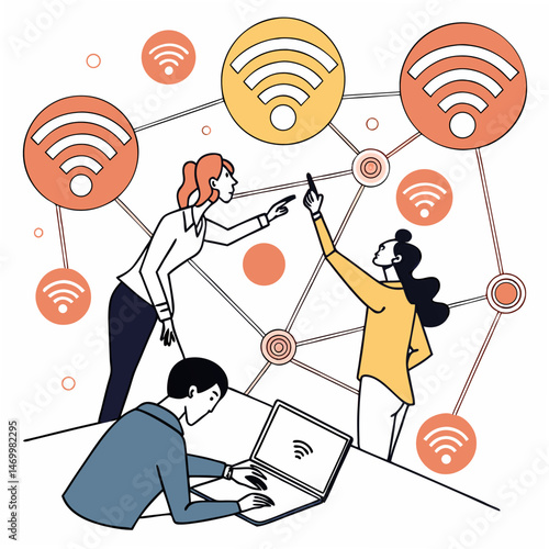 Team collaboration working on wireless network connection concept illustration