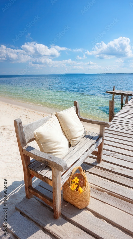 Wooden dock with a bench featuring colorful pillows, bright natural light, outdoor relaxation setting. Wooden dock with a bench featuring colorful pillows, bright natural light, outdoor relaxation setting.