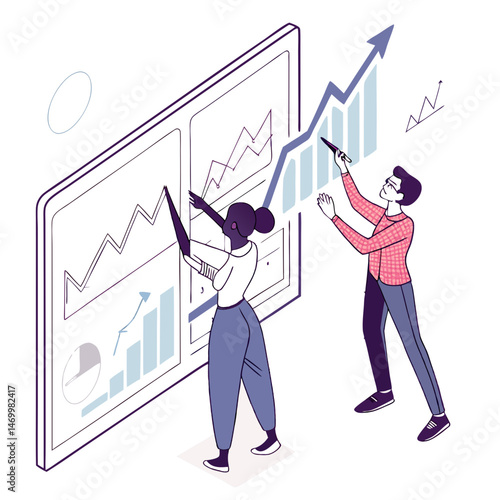 Business professionals analyzing data charts and graphs on a large digital screen