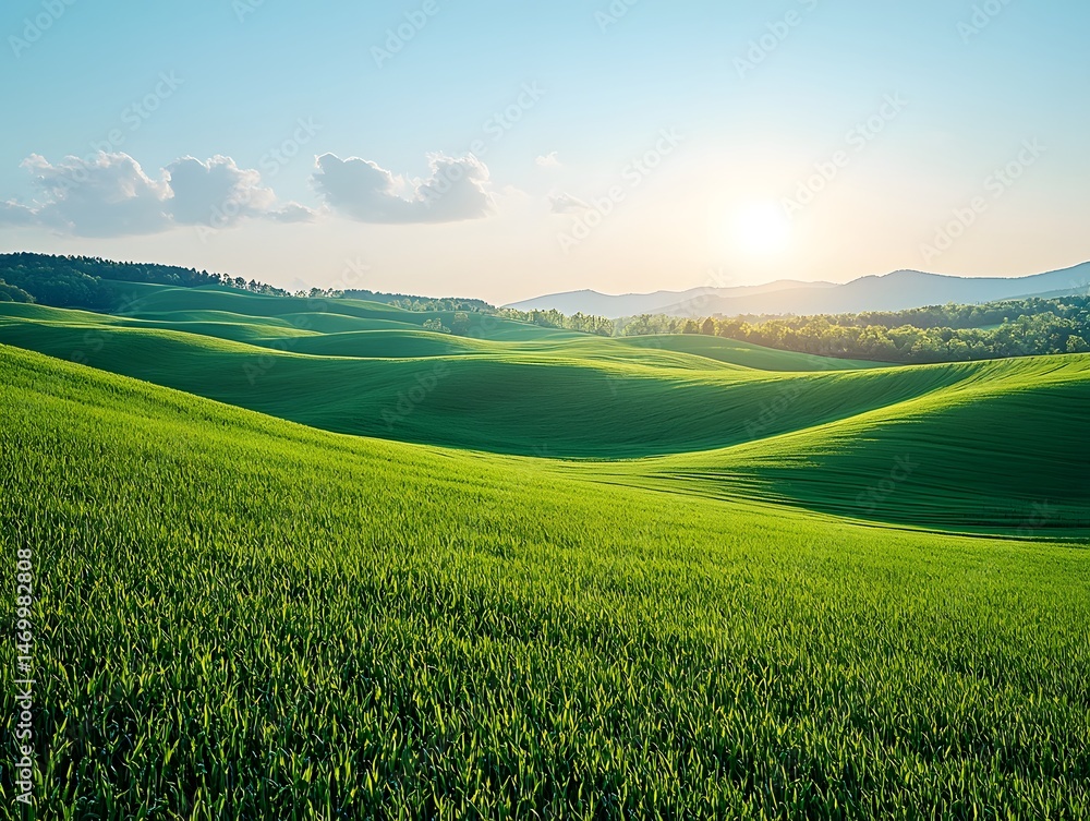 Serene countryside landscape with rolling green hills and clear blue sky