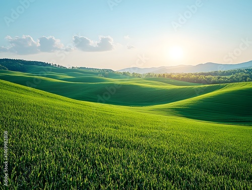 Obraz na płótnie Serene countryside landscape with rolling green hills and clear blue sky w salonie