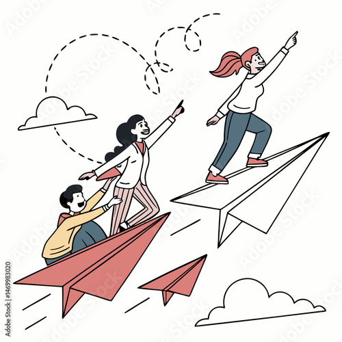 Teamwork and aspirations depicted by people flying paper airplanes towards success