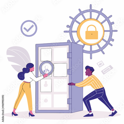 Team reviewing secure data in a vault with lock illustration of protection.