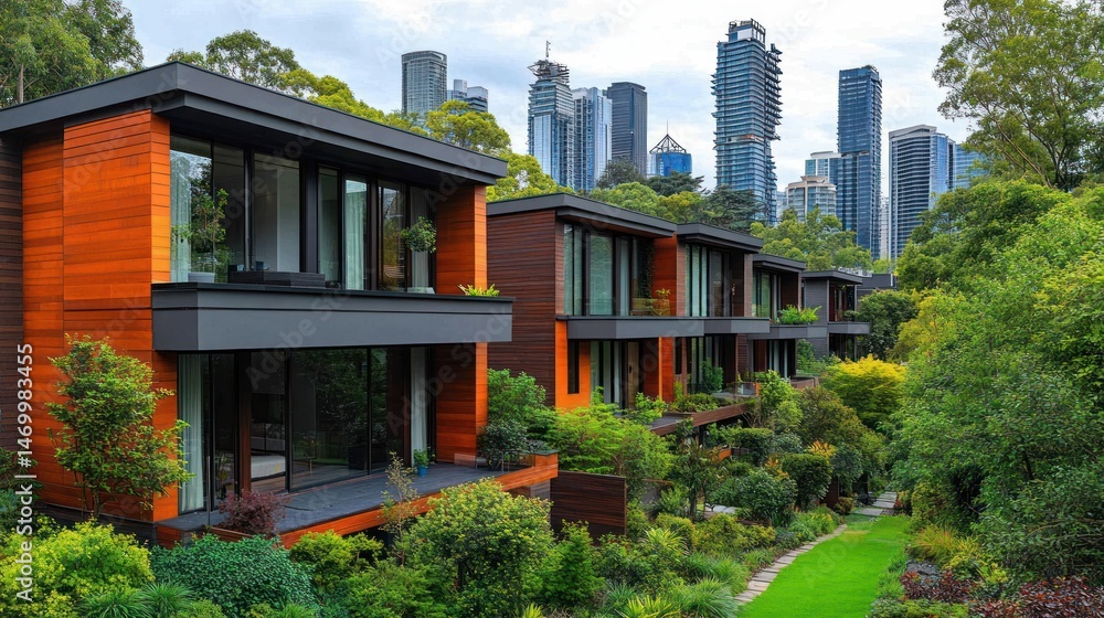 Obraz premium Modern Architectural Oasis: Luxury Homes Nestled Amidst Urban Greenery