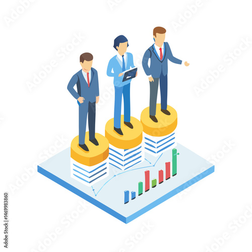 Isometric business team analyzing financial growth strategy on a white transparent background