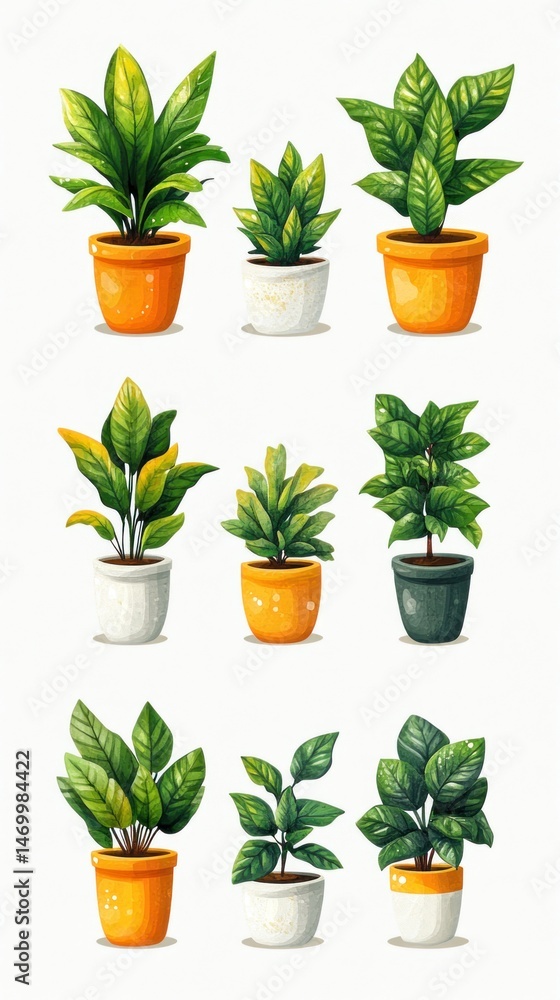 Collection of potted houseplants in various colors and styles Collection of potted houseplants in various colors and styles