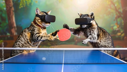 Tabby Cat and Raccoon Play Virtual Reality Ping Pong