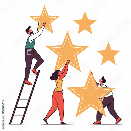 Teamwork and collaboration concept with people placing large star symbols together