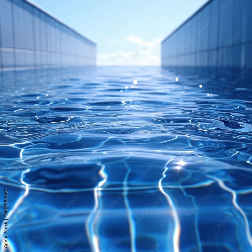 Fototapeta premium Serene pool water surface, rippling gently between modern walls. Sunlight reflects on the tranquil water