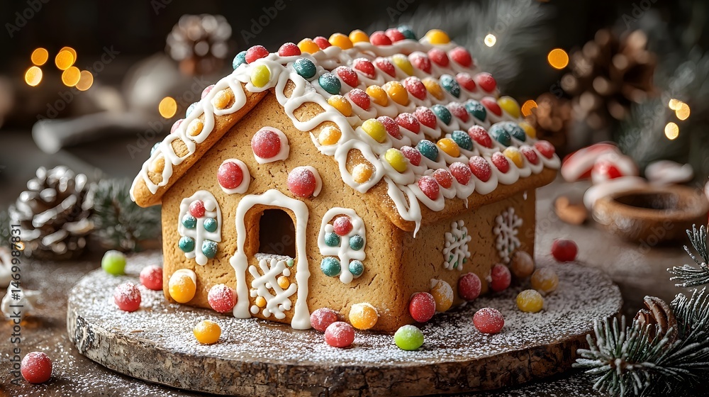 Festive gingerbread house adorned with colorful candies and icing