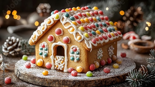 Obraz na płótnie Festive gingerbread house adorned with colorful candies and icing w salonie