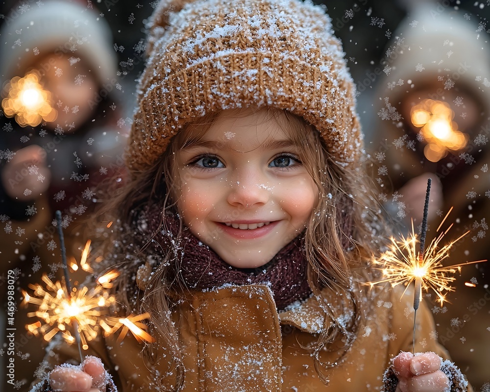 Child holding sparklers in the snowy winter wonderland