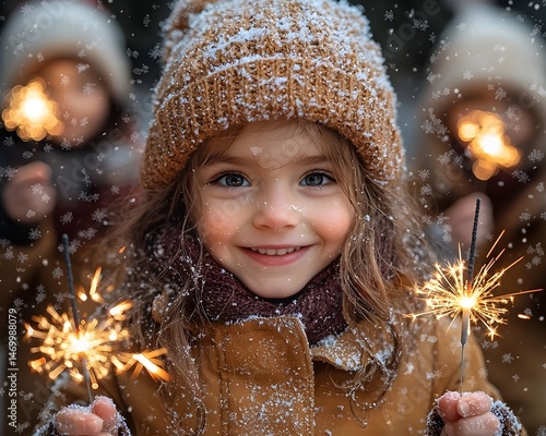 Obraz na płótnie Child holding sparklers in the snowy winter wonderland w salonie