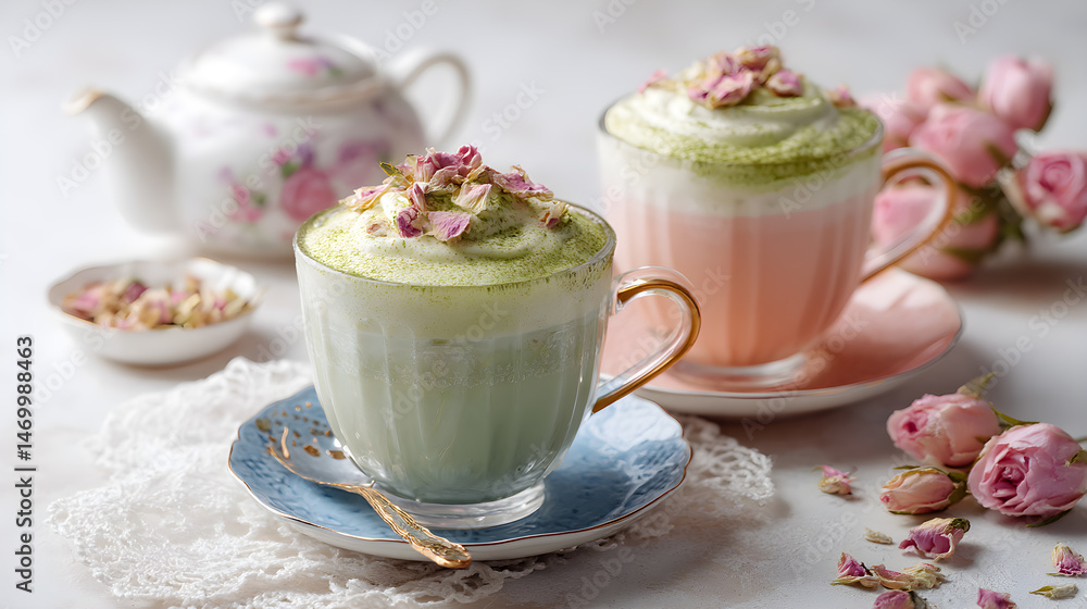 Delicate Rose Milk Tea with Matcha Foam and Elegant Tea Set (AI Image) Delicate Rose Milk Tea with Matcha Foam and Elegant Tea Set (AI Image)
