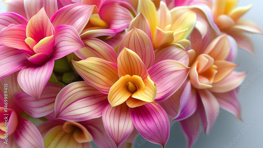 Close Up of Pink Yellow and Orange Bromeliad Flowers, bouquet of yellow flowers