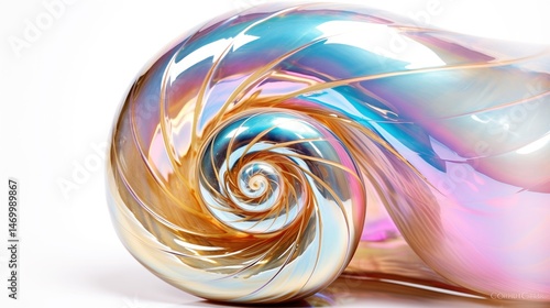 Glistening snail shell texture, spiral patterns and reflective sheen, with white background