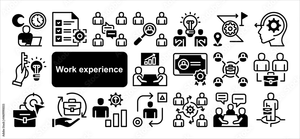 Work experience icon collection set. Overtime, Team communication, Job target, Job position, Problem solving, Simple flat vector. Work experience icon collection set. Overtime, Team communication, Job target, Job position, Problem solving, Simple flat vector.
