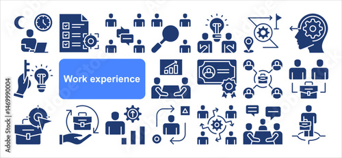 Work experience icon collection set. Overtime, Team communication, Job target, Job position, Problem solving, Simple flat vector.