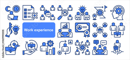 Work experience icon collection set. Overtime, Team communication, Job target, Job position, Problem solving, Simple line vector.