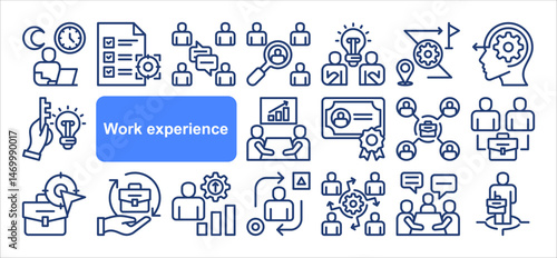 Work experience icon collection set. Overtime, Team communication, Job target, Job position, Problem solving, Simple line vector.